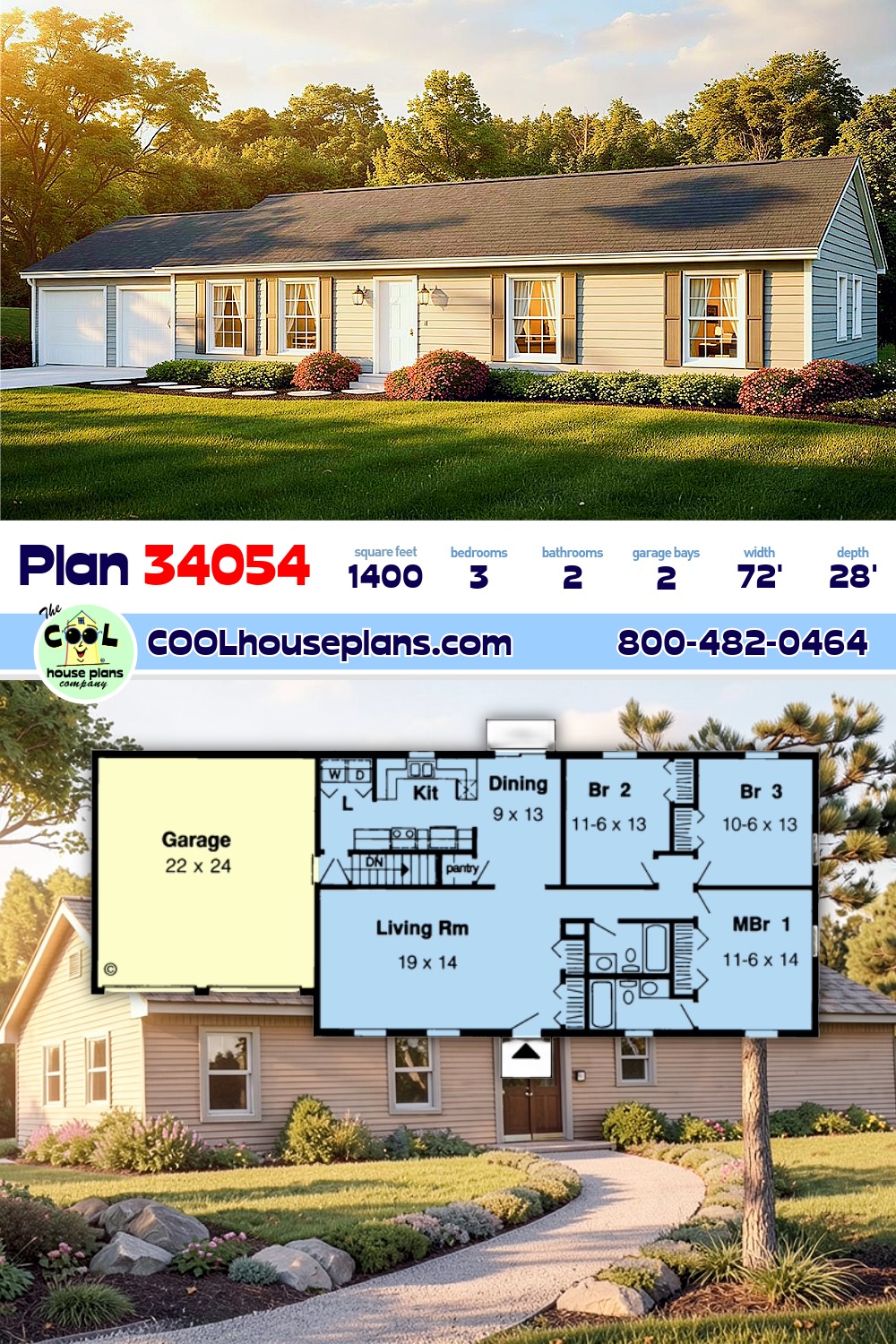 One-Story, Ranch, Traditional House Plan 34054 with 3 Beds, 2 Baths, 2 Car Garage