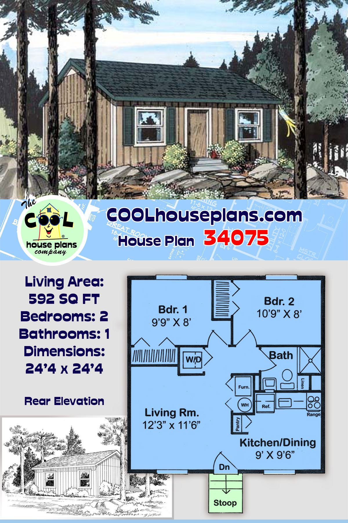 Cabin, Cottage, Traditional House Plan 34075 with 2 Beds, 1 Baths