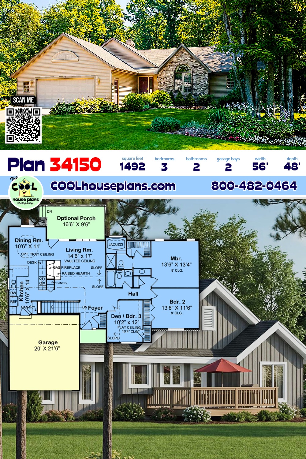 Ranch, Traditional House Plan 34150 with 3 Beds, 2 Baths, 2 Car Garage