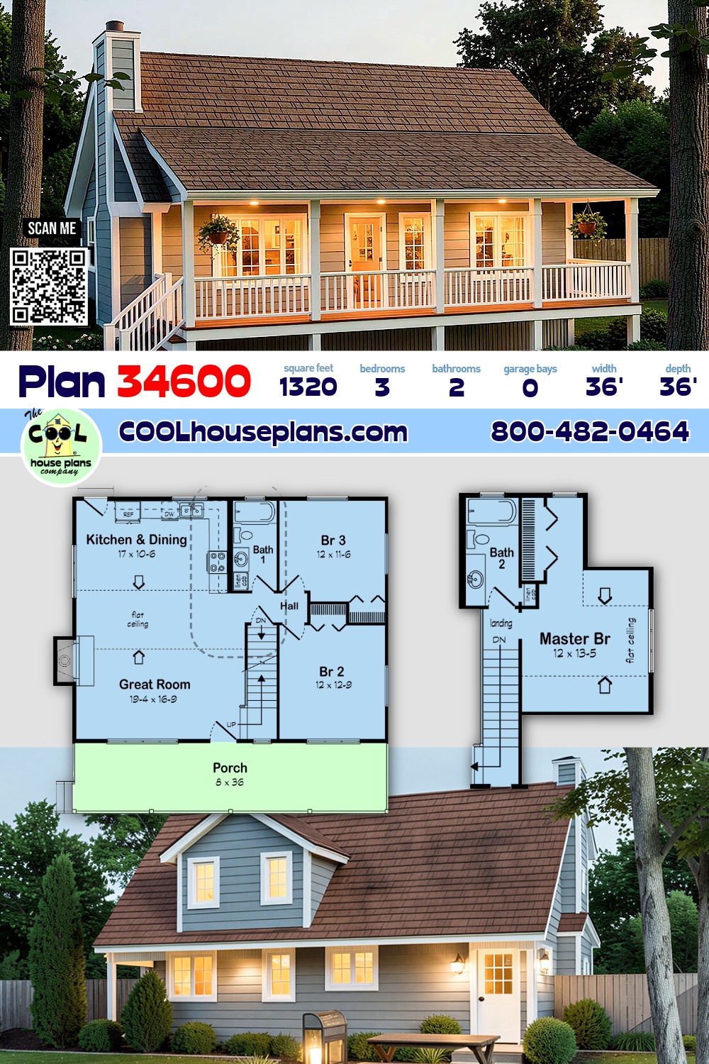 Country, Farmhouse, Traditional House Plan 34600 with 3 Beds, 2 Baths