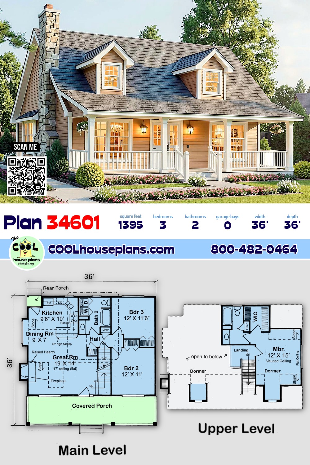 Cape Cod, Cottage, Country House Plan 34601 with 3 Beds, 2 Baths