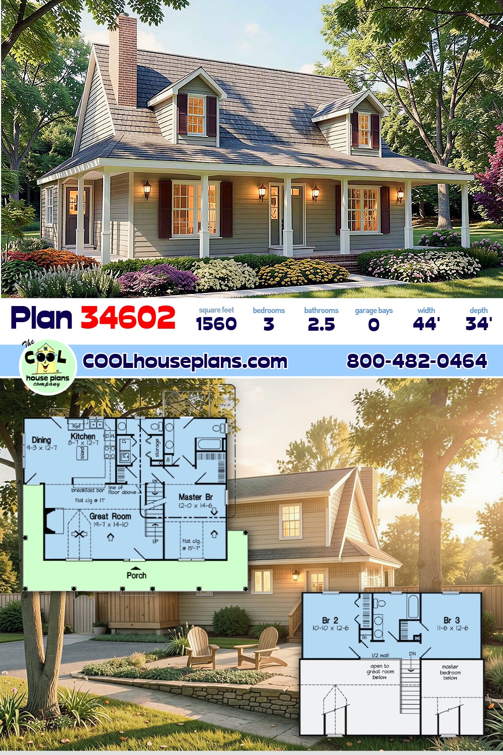 Country, Southern House Plan 34602 with 3 Beds, 3 Baths