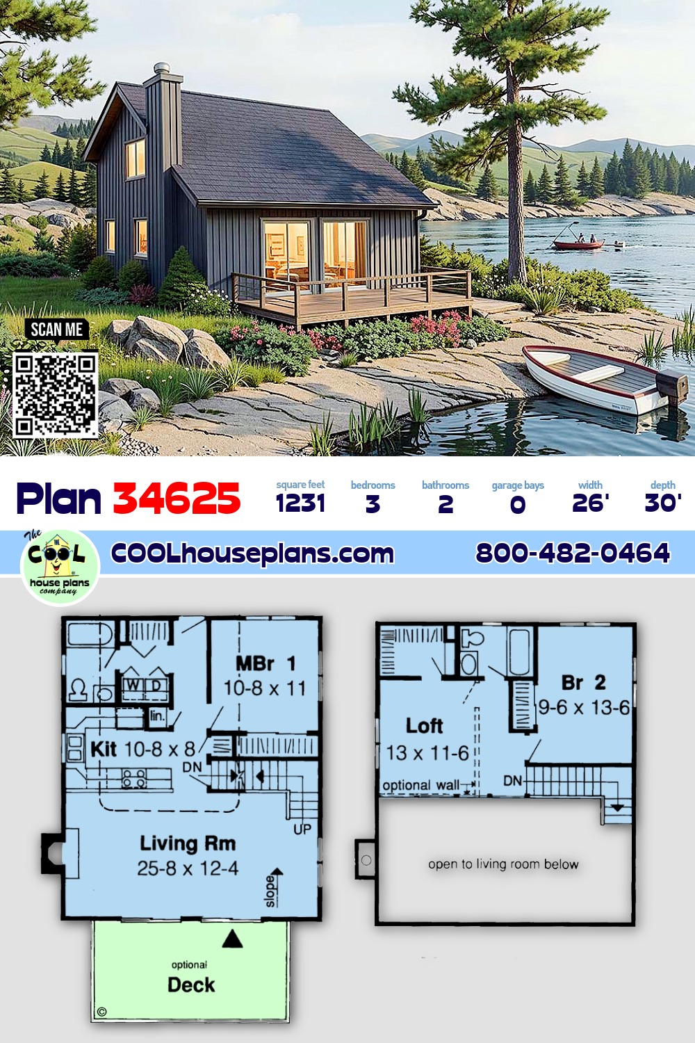 Contemporary, Retro House Plan 34625 with 3 Beds, 2 Baths