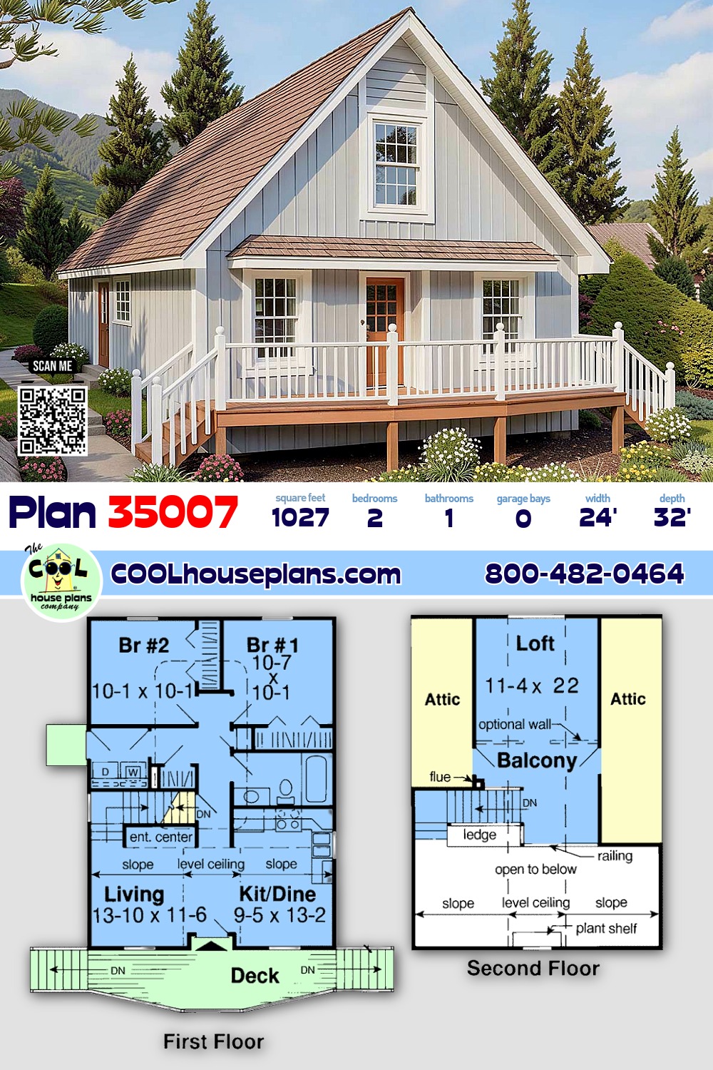 Cabin, Cottage House Plan 35007 with 2 Beds, 1 Baths