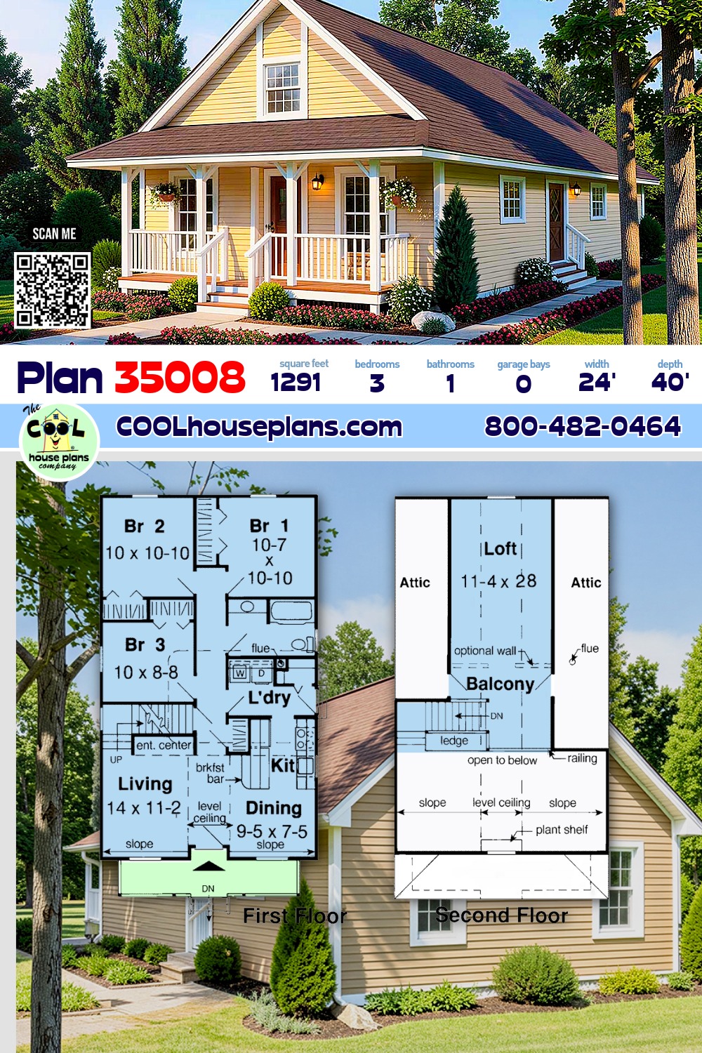 Cottage, Country, Narrow Lot, Southern House Plan 35008 with 3 Beds, 1 Baths
