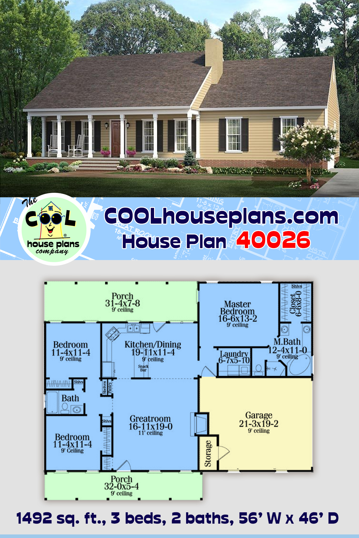 Country, Ranch House Plan 40026 with 3 Beds, 2 Baths, 2 Car Garage