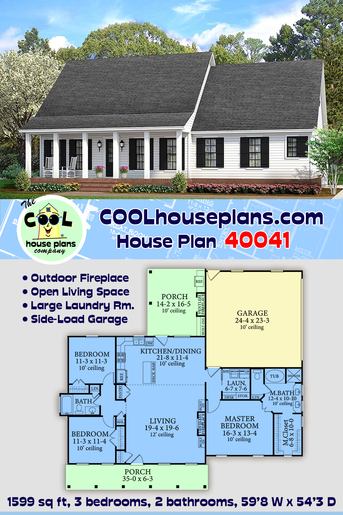 Cabin, Cottage, Country, Farmhouse, Southern, Traditional House Plan 40041 with 3 Beds, 2 Baths, 2 Car Garage