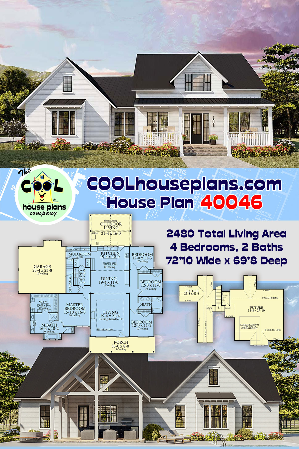 Cottage, Country, Craftsman, Farmhouse, Ranch, Southern, Traditional House Plan 40046 with 4 Beds, 2 Baths, 2 Car Garage