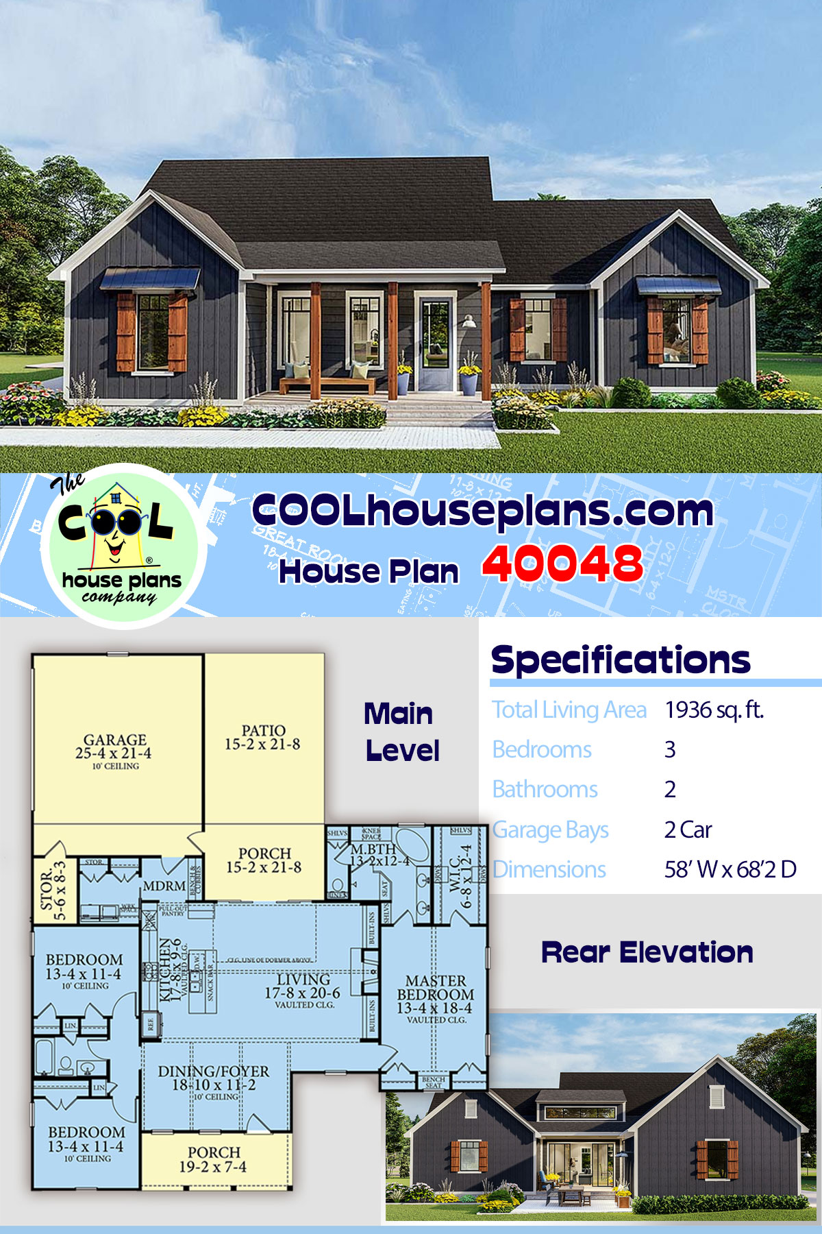 Country, Farmhouse, Ranch, Traditional House Plan 40048 with 3 Beds, 2 Baths, 2 Car Garage