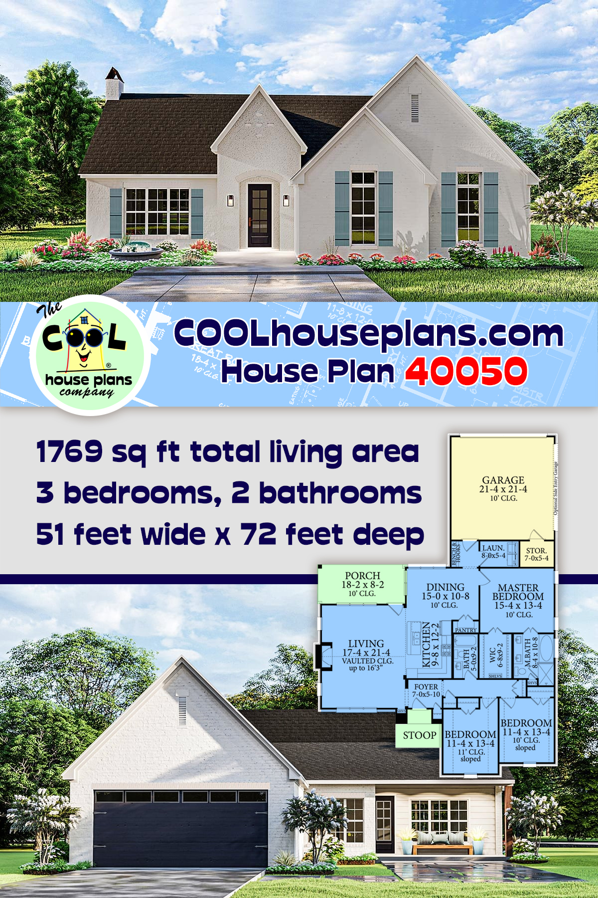Cottage, French Country, Traditional House Plan 40050 with 3 Beds, 2 Baths, 2 Car Garage