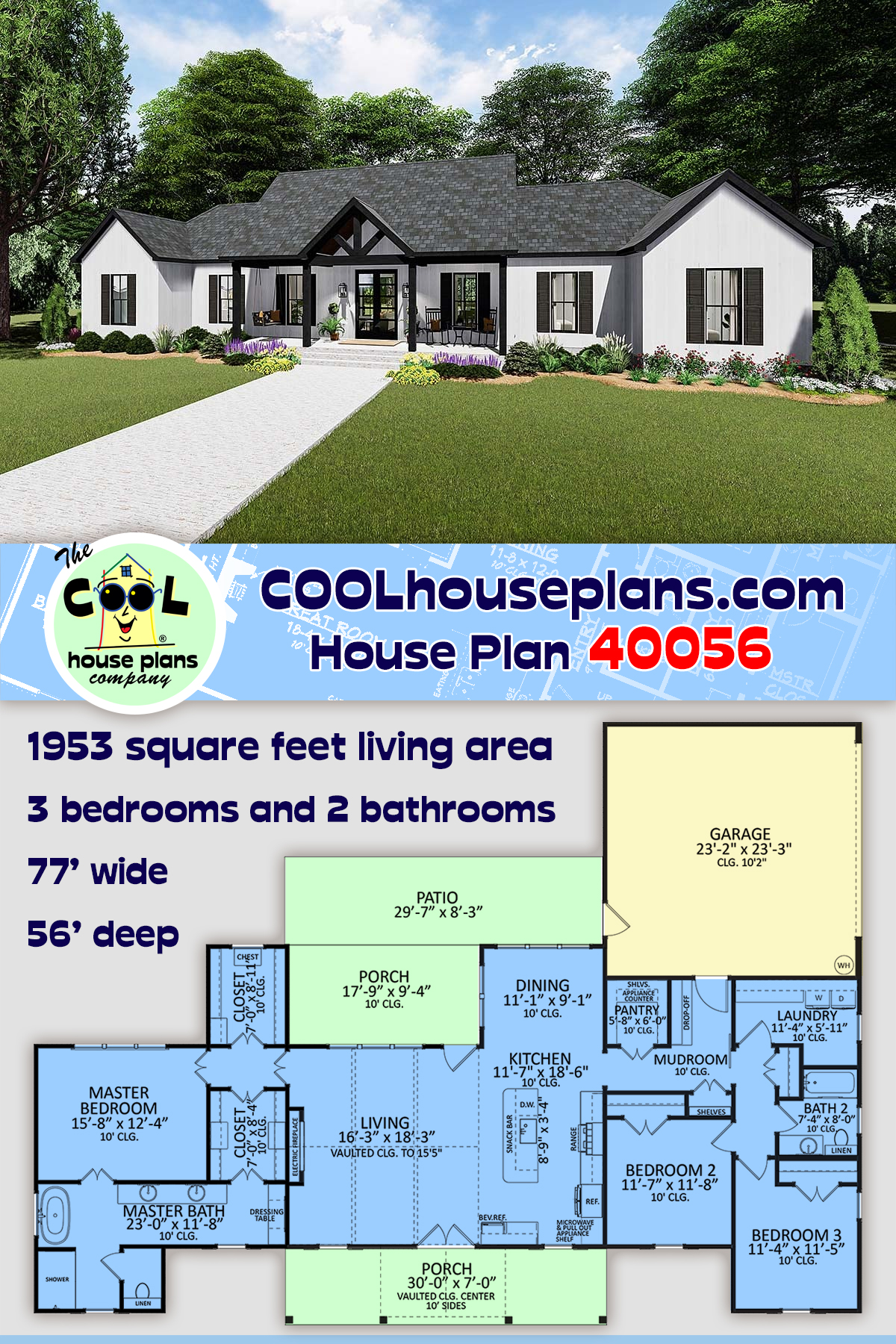 Country, Craftsman, Farmhouse, Southern, Traditional House Plan 40056 with 3 Beds, 2 Baths, 2 Car Garage