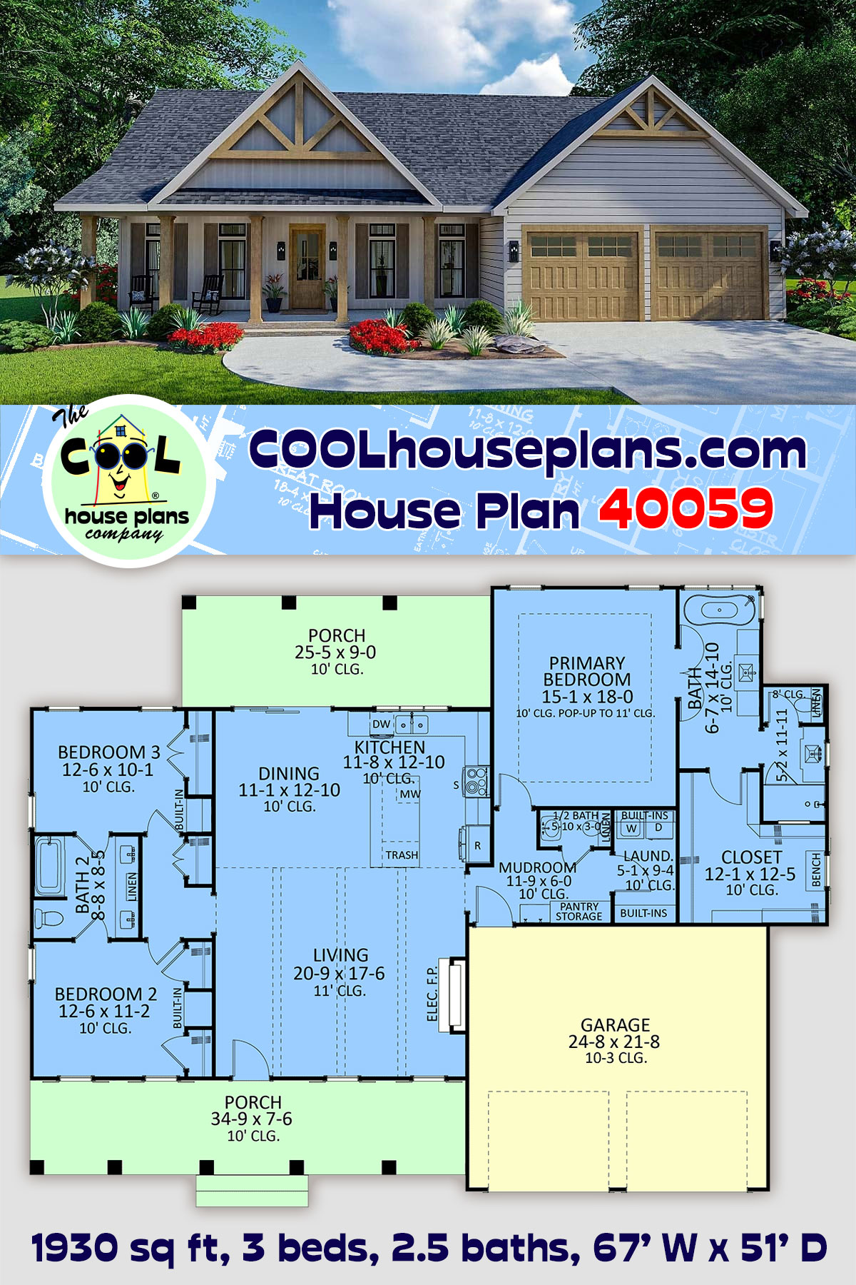 Country, Craftsman, Farmhouse, Ranch, Southern, Traditional House Plan 40059 with 3 Beds, 3 Baths, 2 Car Garage
