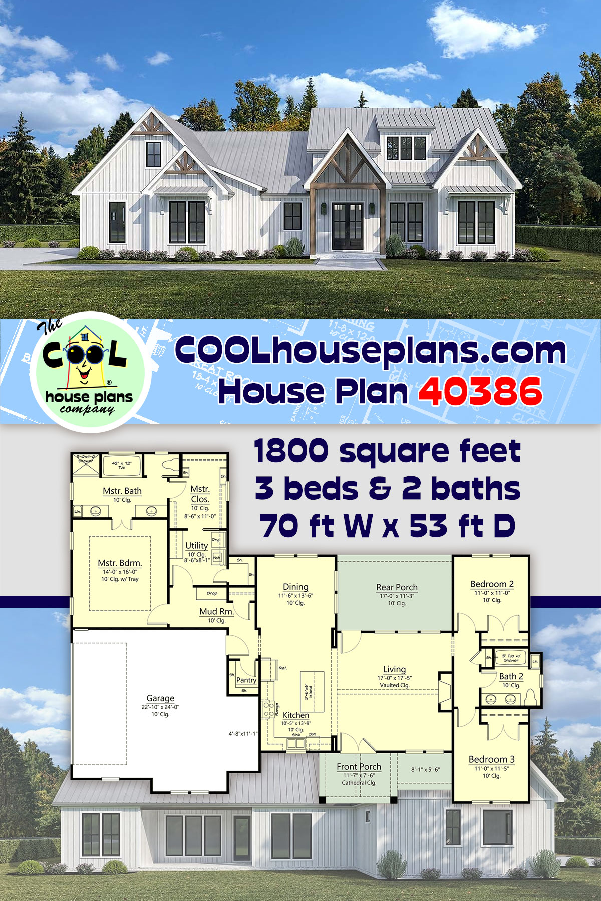 Craftsman, Farmhouse, New American House Plan 40386 with 3 Beds, 2 Baths, 2 Car Garage