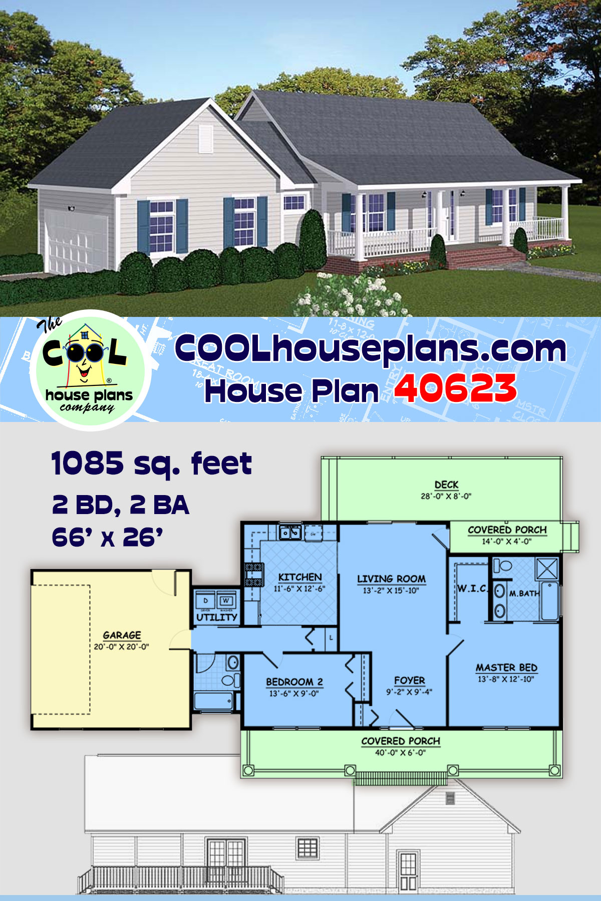 Country, Ranch, Southern House Plan 40623 with 2 Beds, 2 Baths, 2 Car Garage