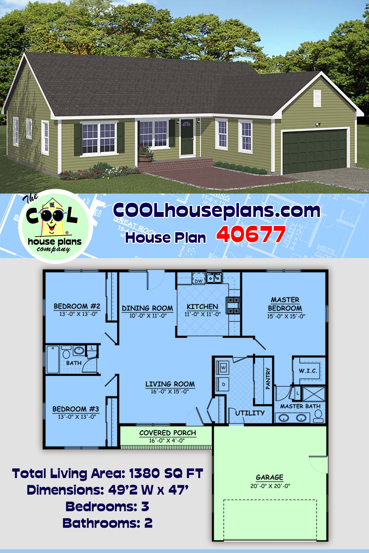 Ranch, Traditional House Plan 40677 with 3 Beds, 2 Baths, 2 Car Garage