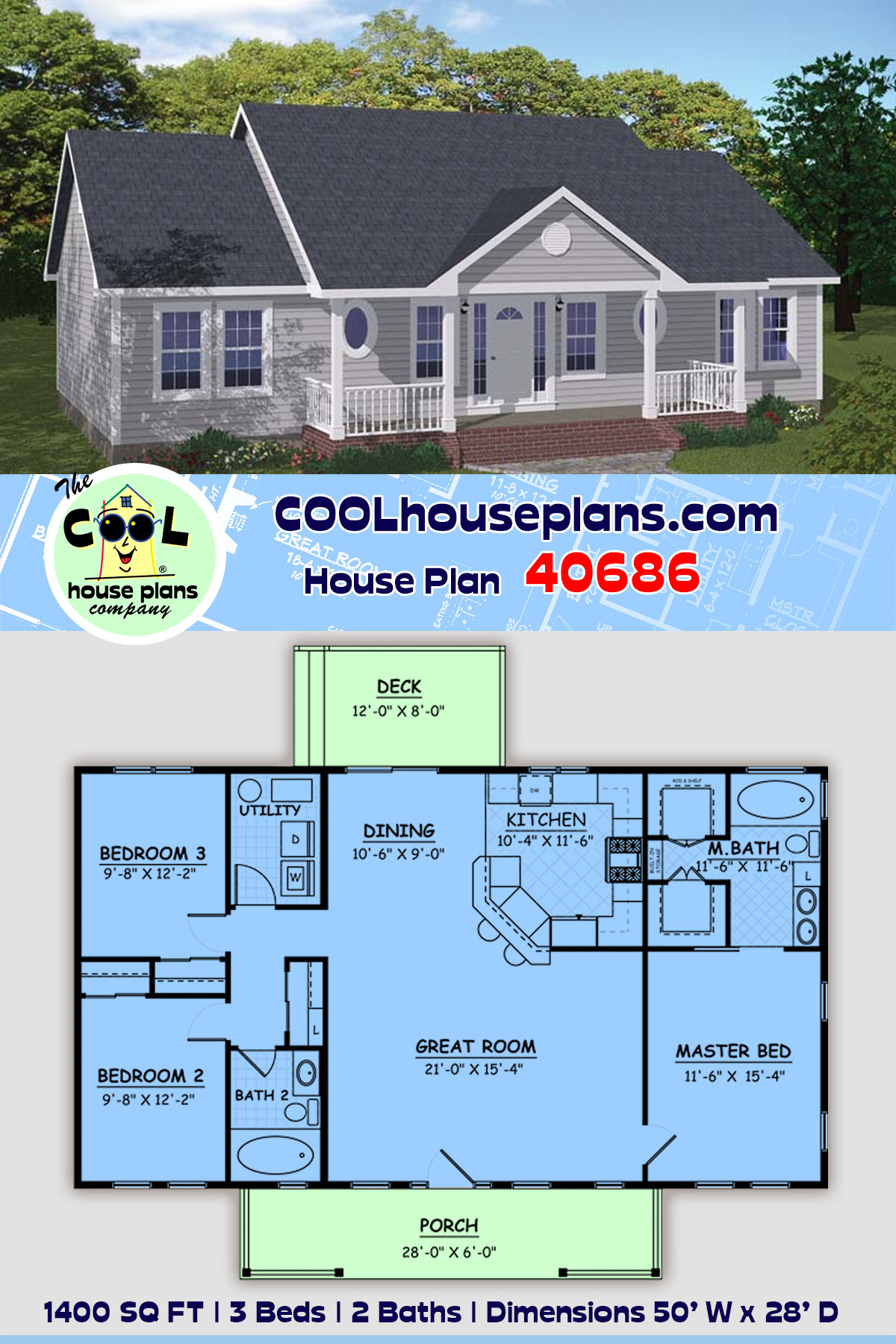 Country, Ranch House Plan 40686 with 3 Beds, 2 Baths