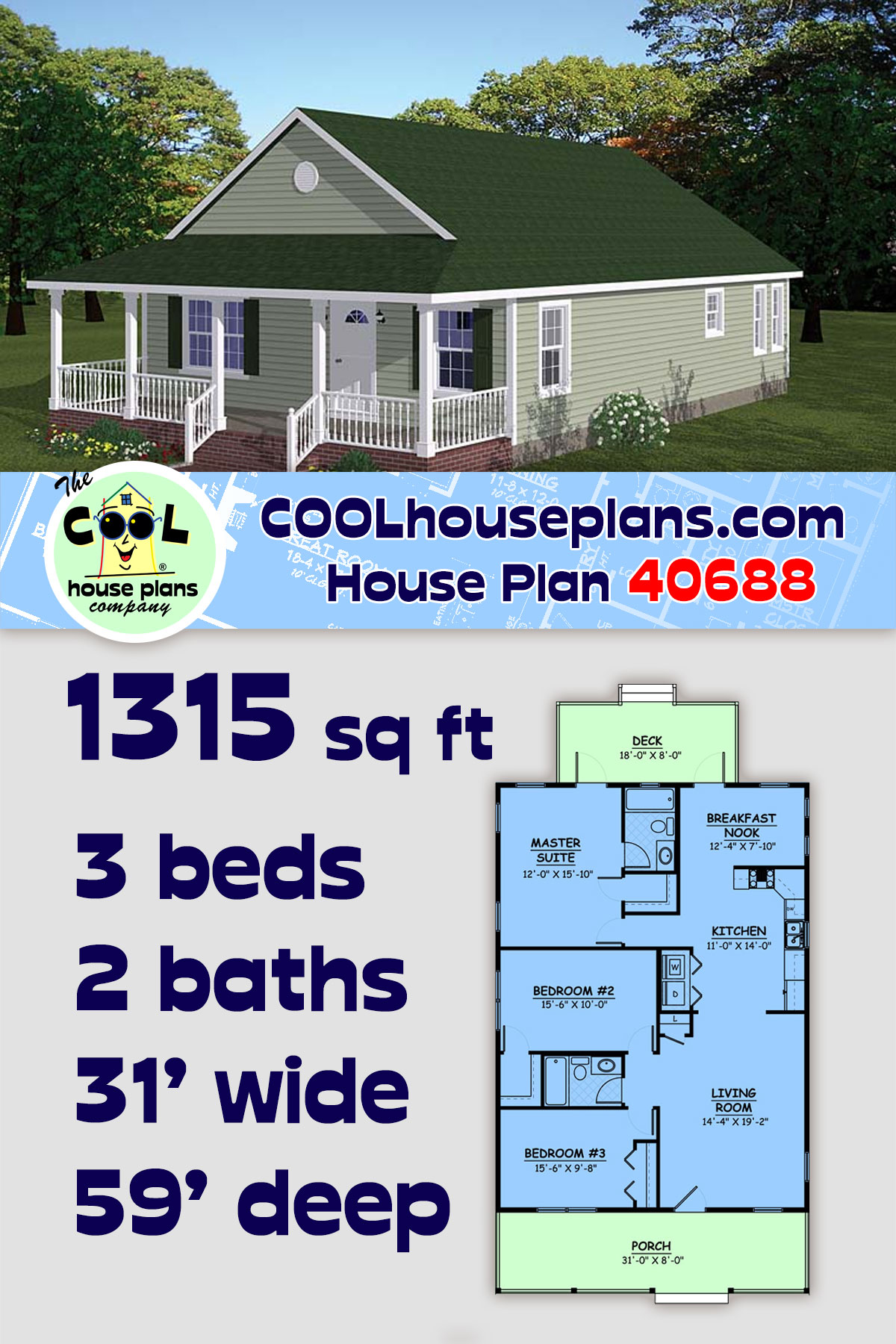 Narrow Lot, Ranch House Plan 40688 with 3 Beds, 2 Baths