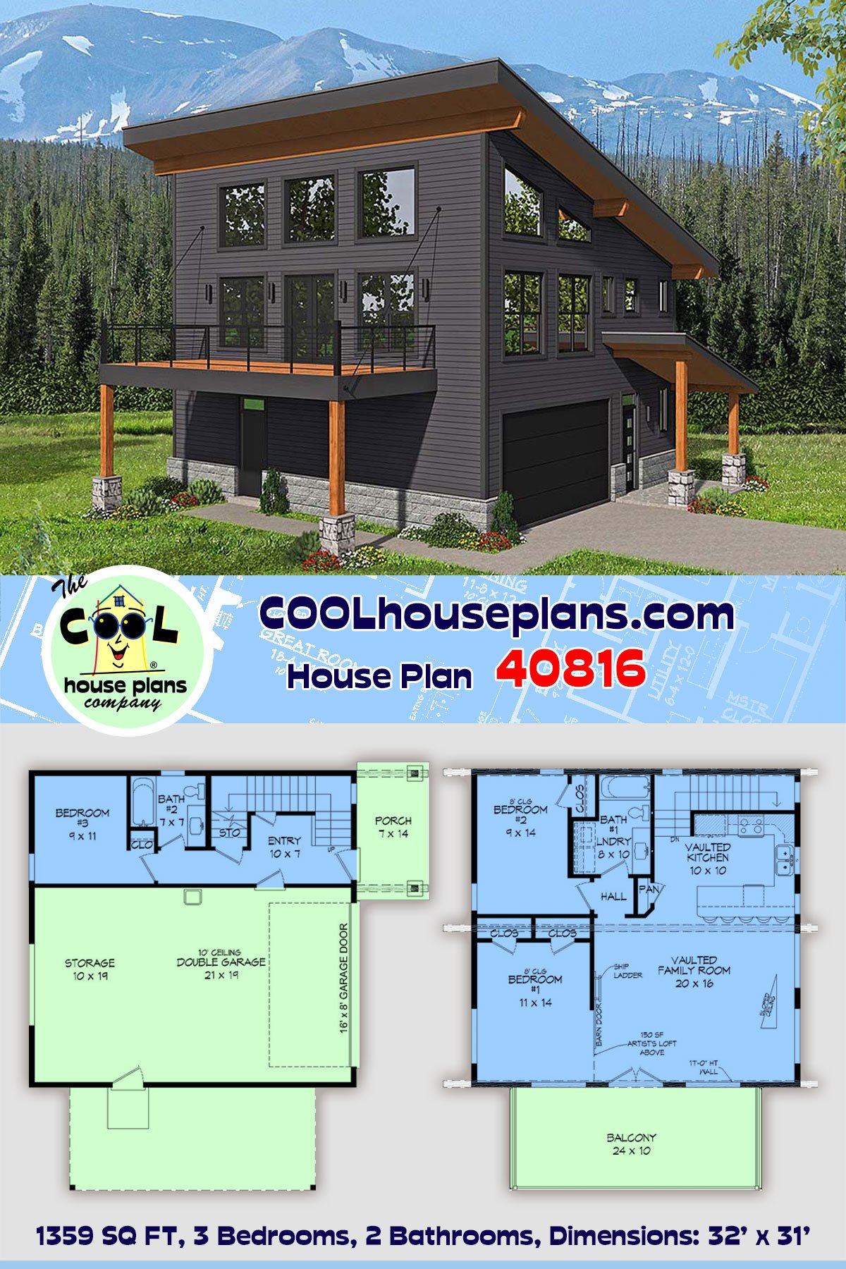 Contemporary, Modern Garage-Living Plan 40816 with 3 Beds, 2 Baths, 2 Car Garage