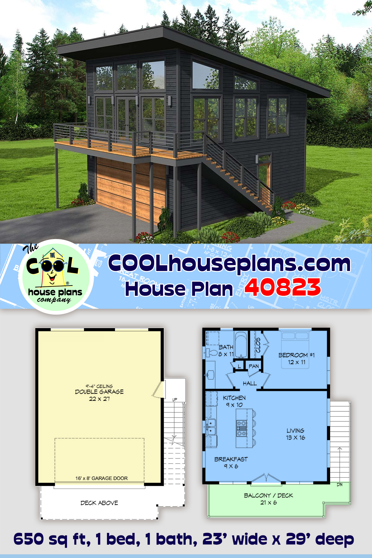 Contemporary, Modern Garage-Living Plan 40823 with 1 Beds, 1 Baths, 2 Car Garage