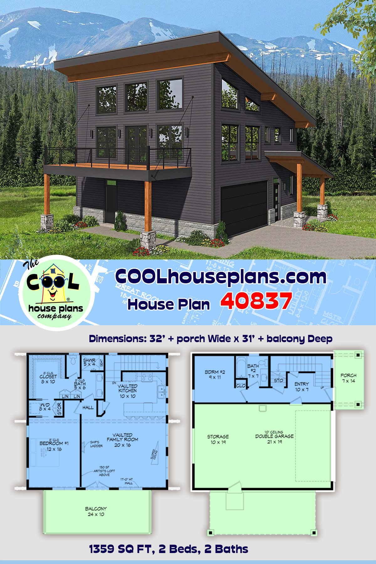 Contemporary, Modern Garage-Living Plan 40837 with 2 Beds, 2 Baths, 2 Car Garage