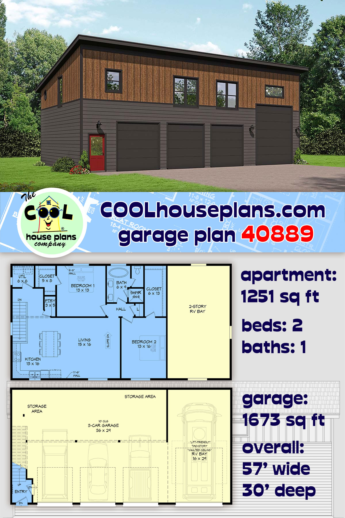 Contemporary, Modern Garage-Living Plan 40889 with 2 Beds, 1 Baths, 4 Car Garage