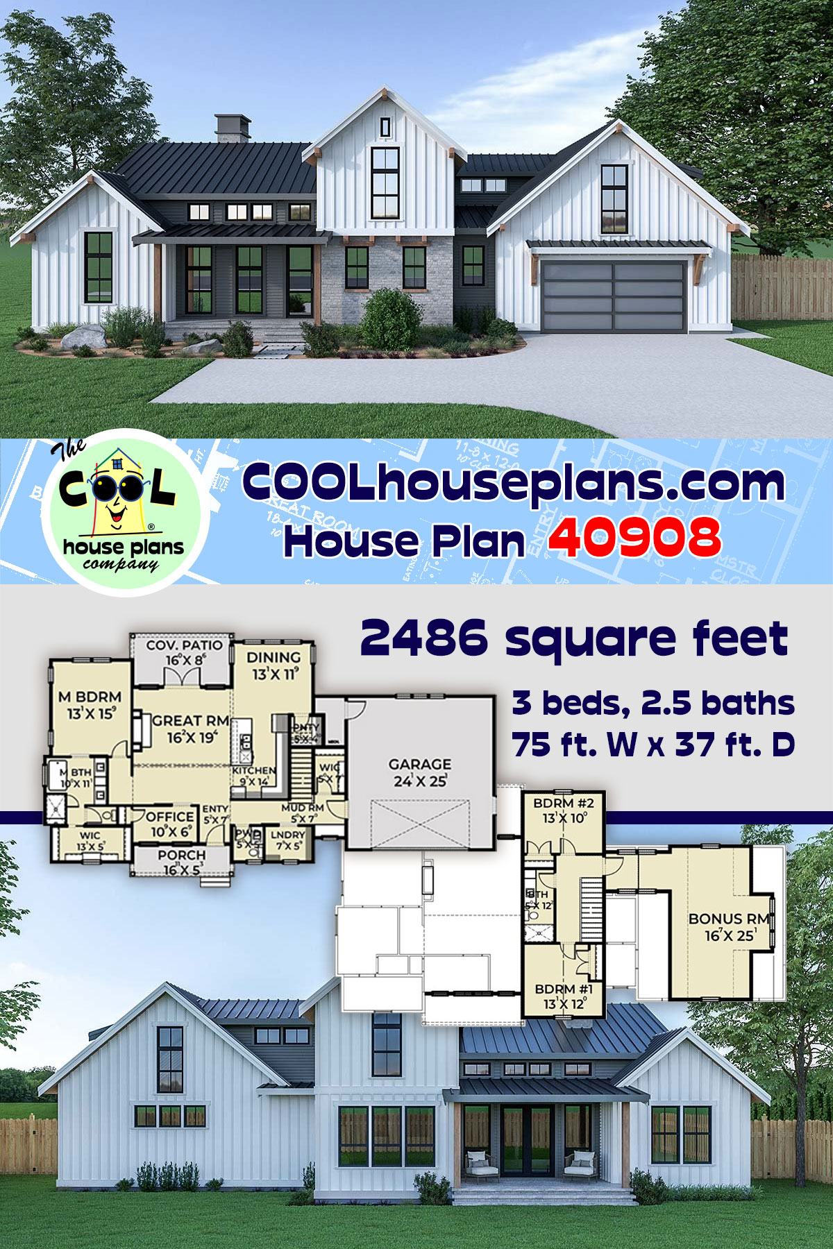 Contemporary, Country, Farmhouse House Plan 40908 with 3 Beds, 3 Baths, 2 Car Garage