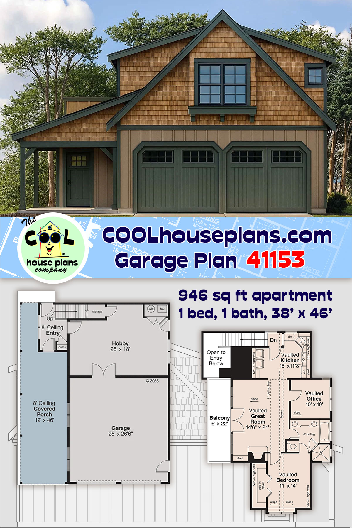 Craftsman 2 Car Garage Apartment Plan 41153 with 1 Beds, 1 Baths