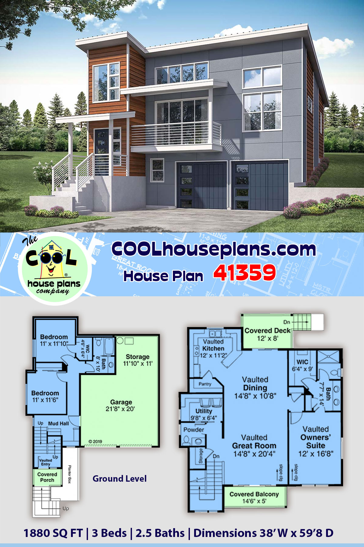Contemporary, Modern, Narrow Lot House Plan 41359 with 3 Beds, 3 Baths, 2 Car Garage