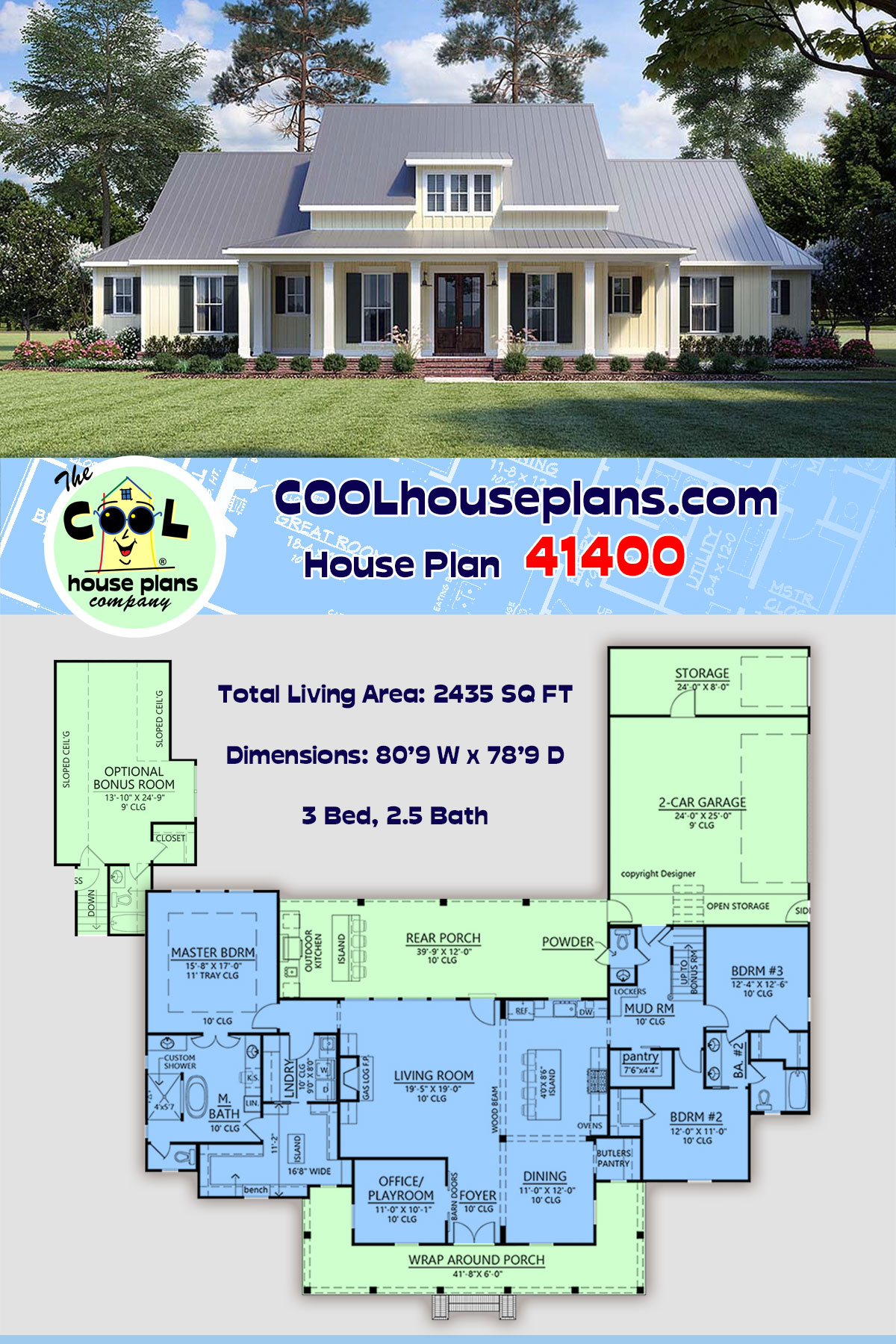 Country, Farmhouse, Traditional House Plan 41400 with 3 Beds, 3 Baths, 2 Car Garage