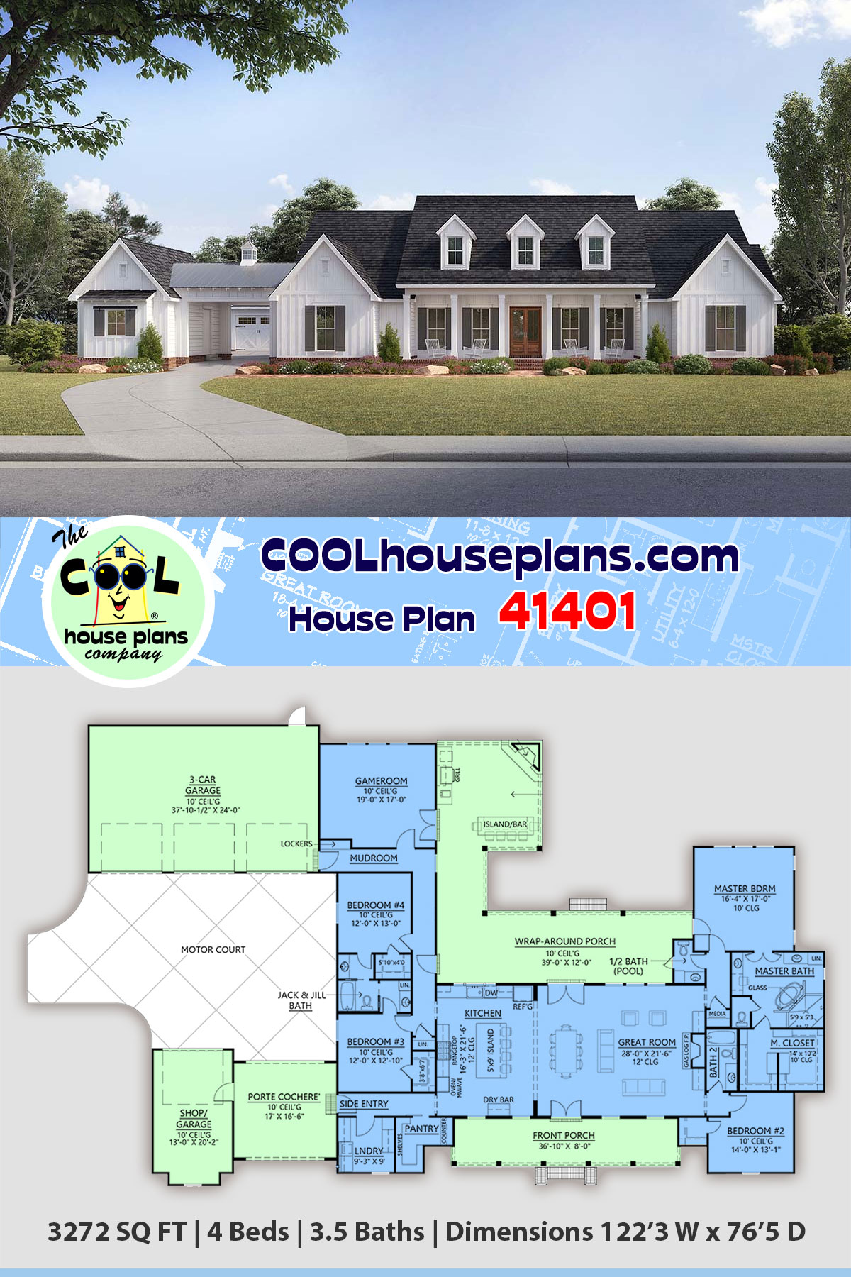 Country, Farmhouse House Plan 41401 with 4 Beds, 4 Baths, 4 Car Garage