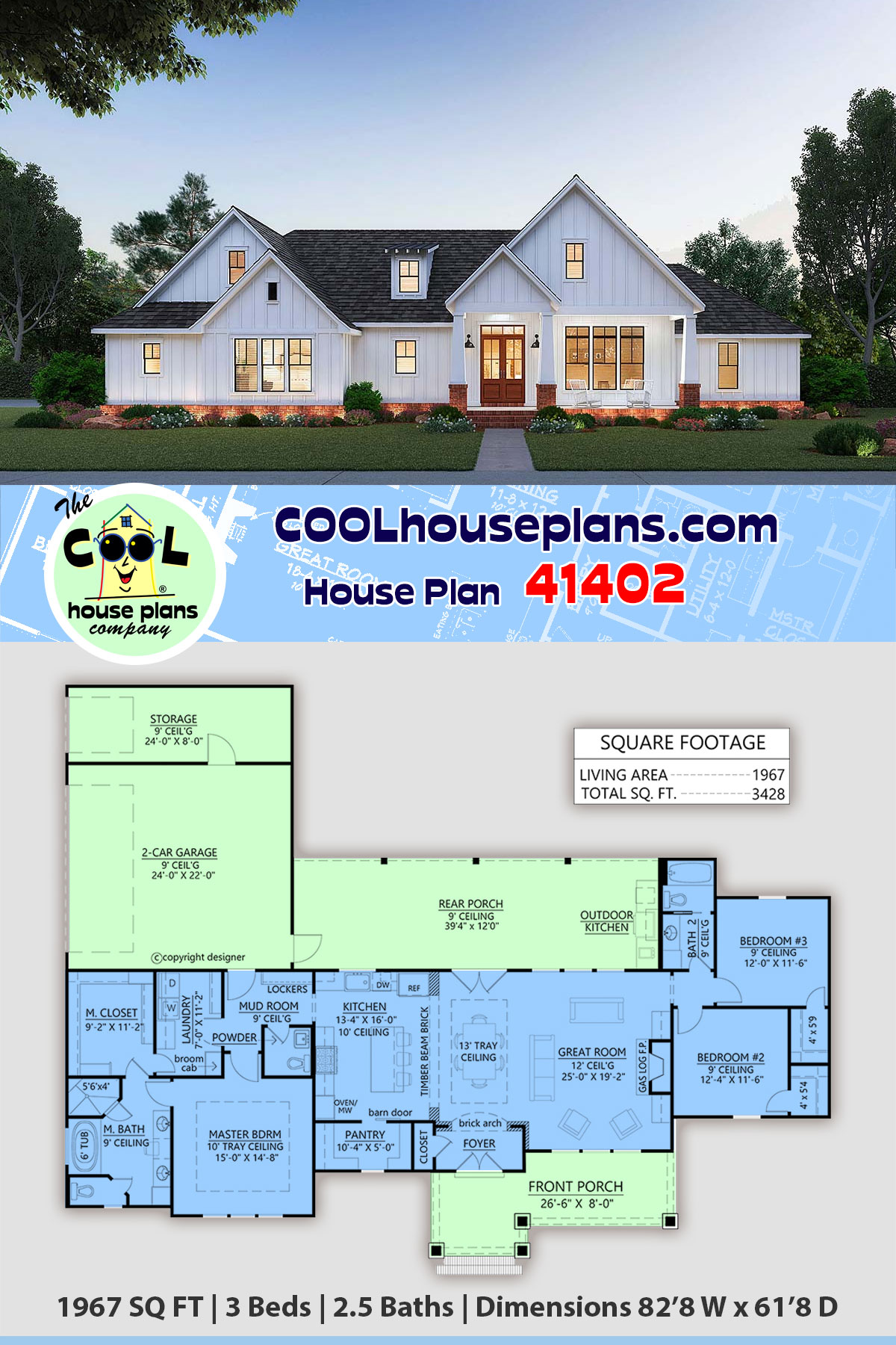 Country, Farmhouse, Traditional House Plan 41402 with 3 Beds, 3 Baths, 2 Car Garage