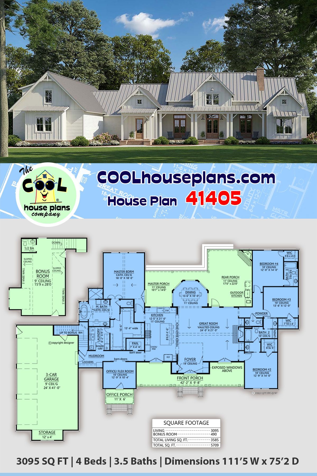 Country, Farmhouse House Plan 41405 with 4 Beds, 4 Baths, 3 Car Garage