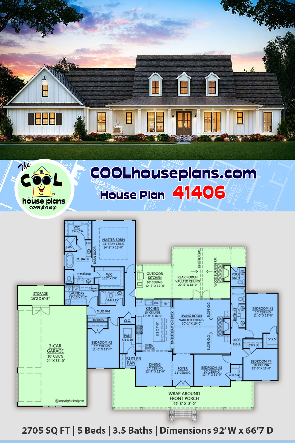 Country, Farmhouse House Plan 41406 with 5 Beds, 4 Baths, 3 Car Garage