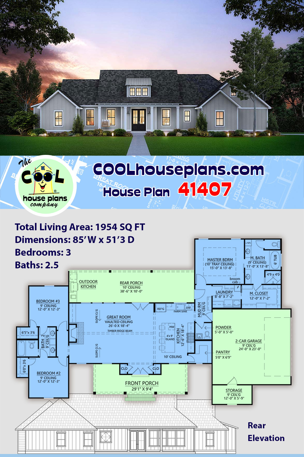 Country, Farmhouse, New American, Southern House Plan 41407 with 3 Beds, 3 Baths, 2 Car Garage