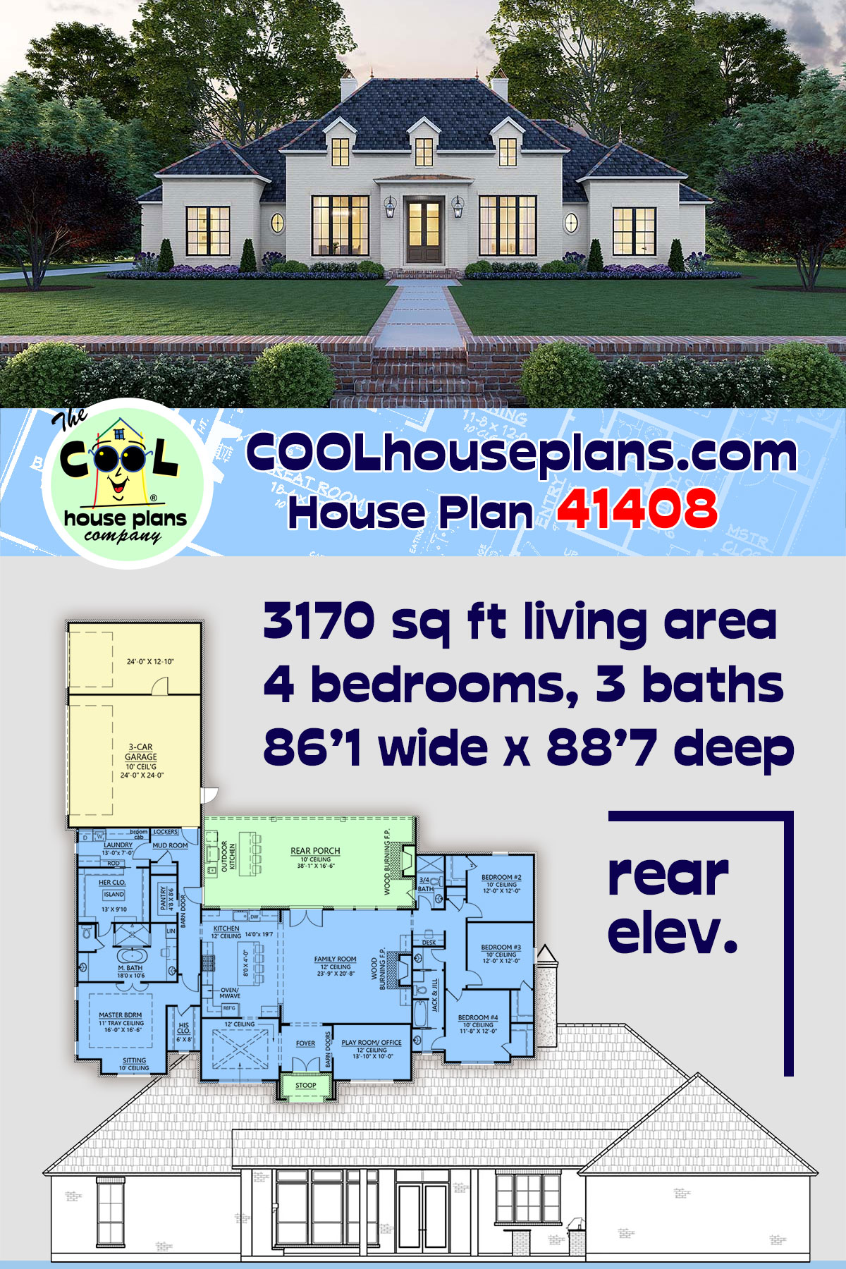 Colonial, European, French Country, Southern House Plan 41408 with 4 Beds, 3 Baths, 3 Car Garage
