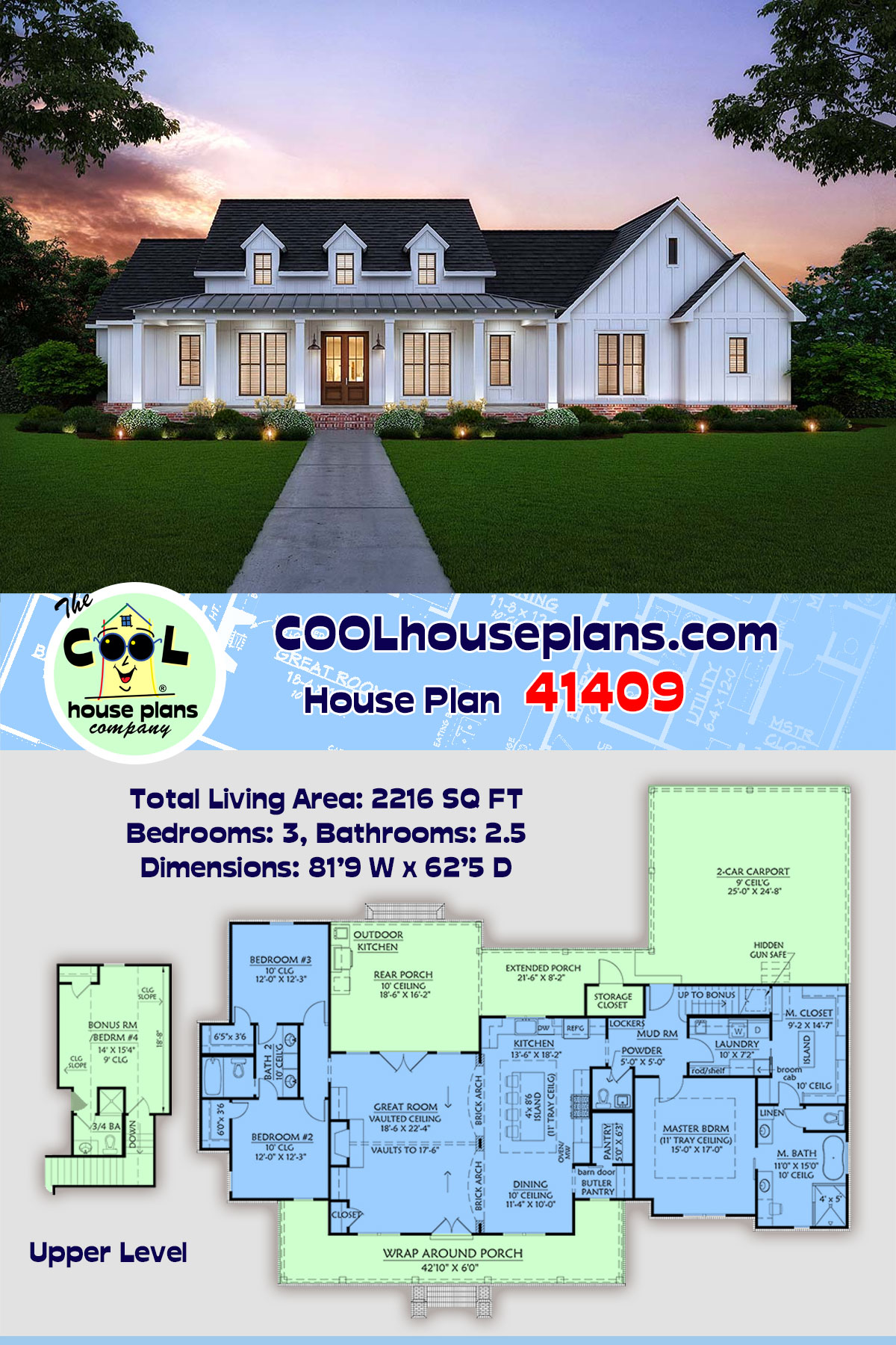 Country, Farmhouse, Southern House Plan 41409 with 3 Beds, 3 Baths, 2 Car Garage