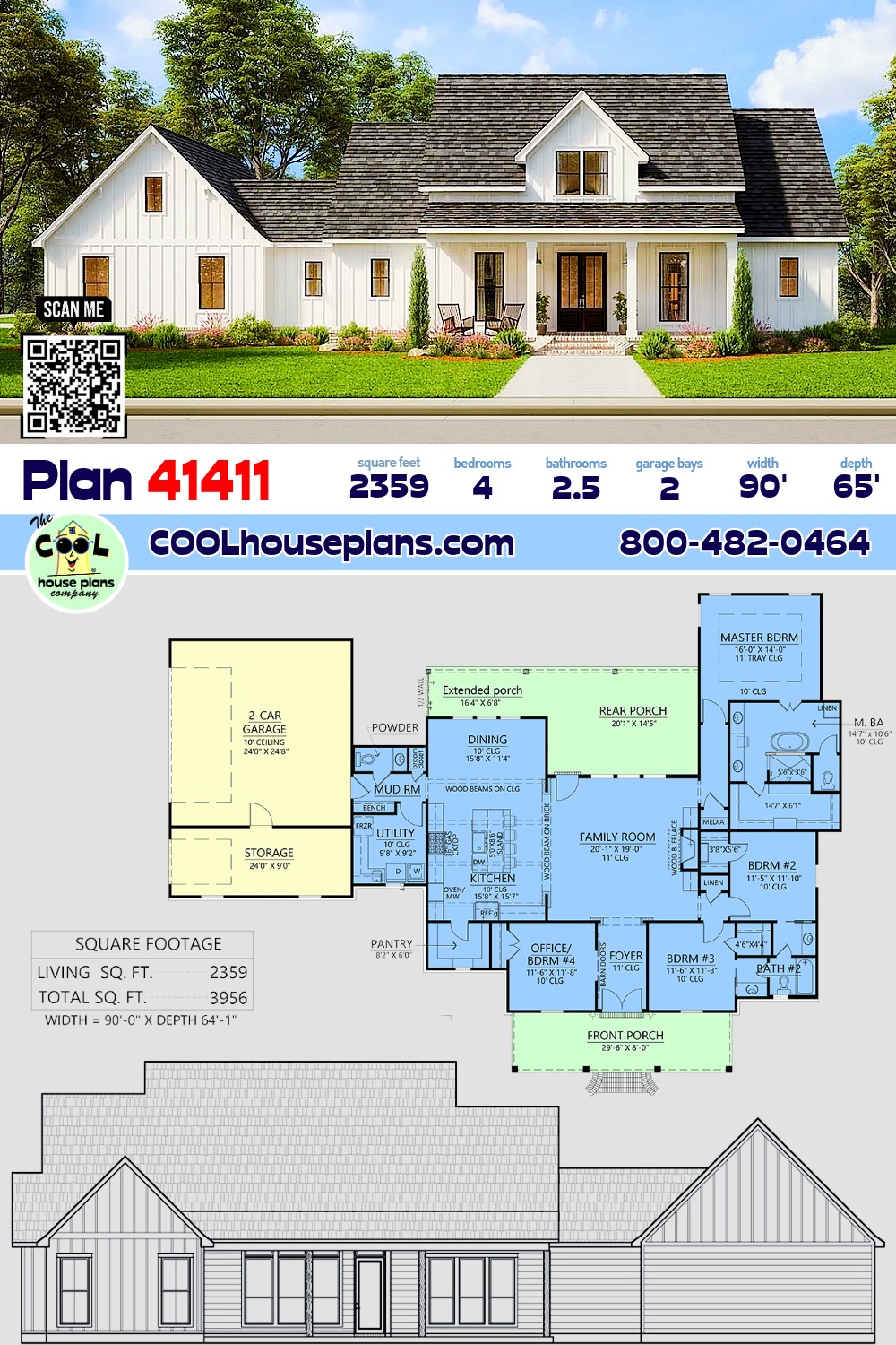 Acadian, Colonial, Southern, Traditional House Plan 41411 with 4 Beds, 3 Baths, 2 Car Garage