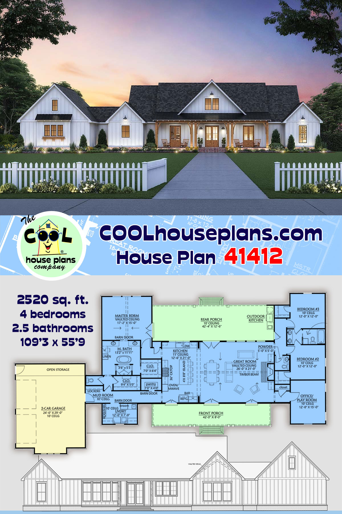 Country, Farmhouse, Traditional House Plan 41412 with 4 Beds, 3 Baths, 2 Car Garage