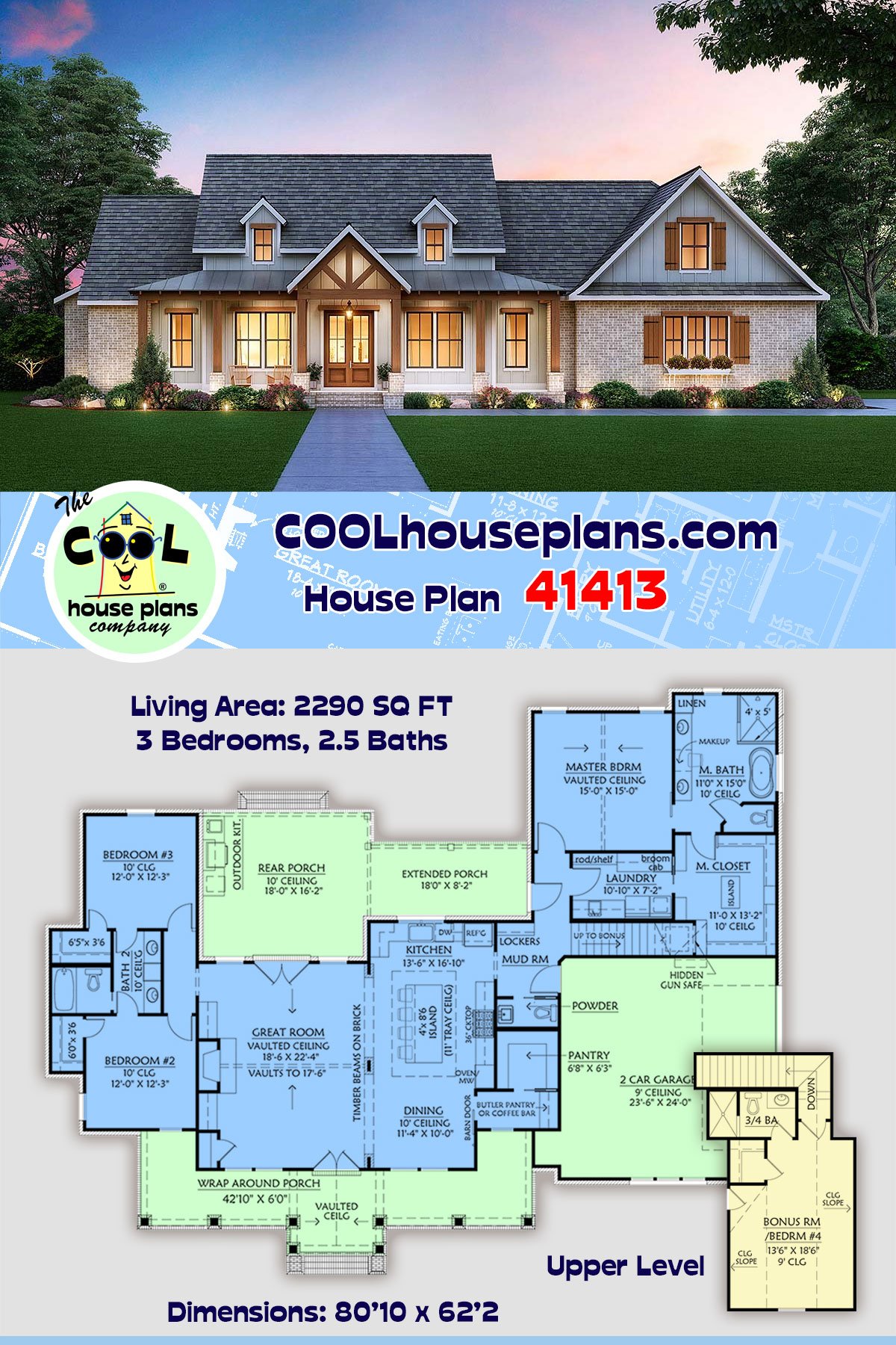 Cottage, Country, Craftsman, Farmhouse House Plan 41413 with 3 Beds, 3 Baths, 2 Car Garage