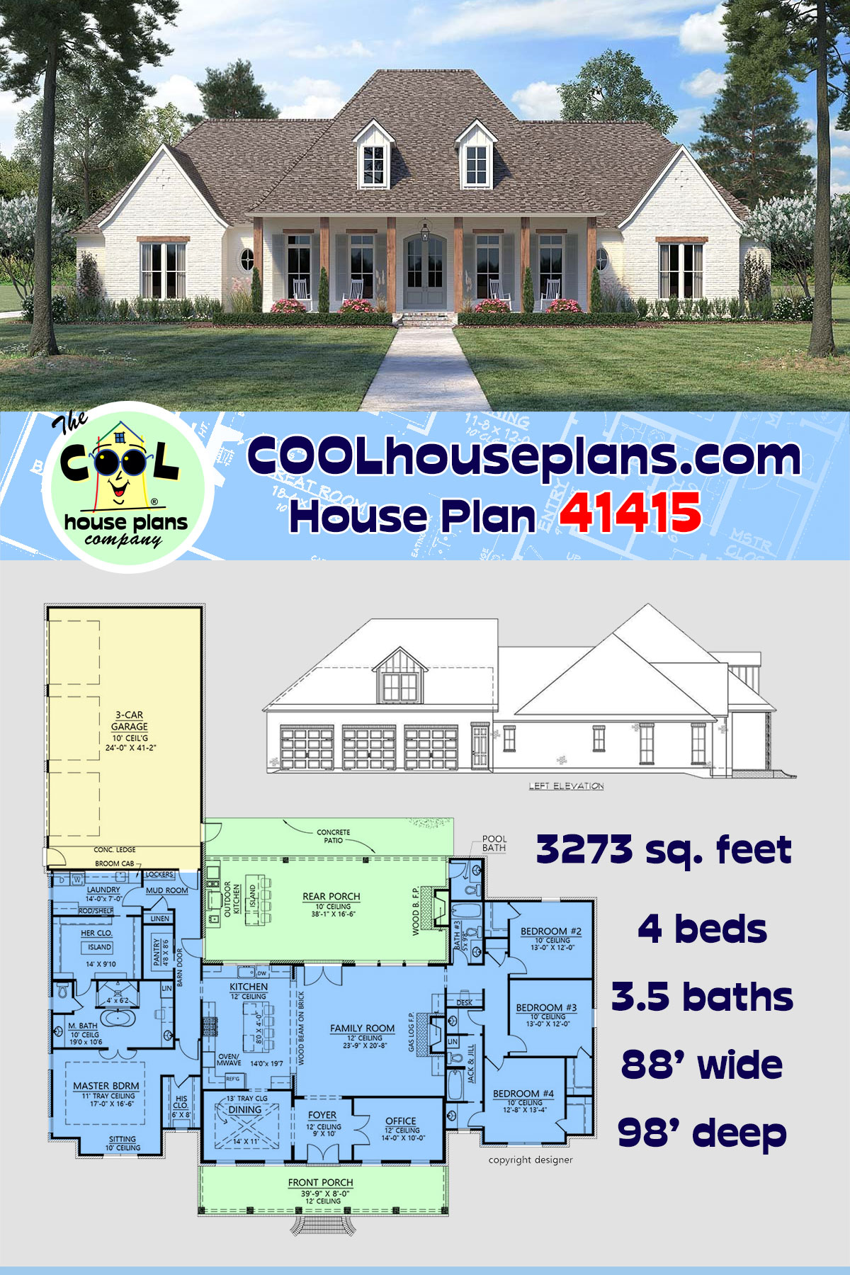 Country, European, French Country House Plan 41415 with 4 Beds, 4 Baths, 3 Car Garage
