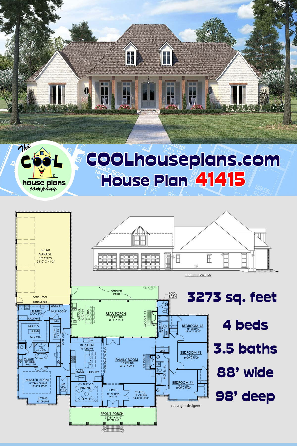Acadian, Country, European, French Country House Plan 41415 with 4 Beds, 4 Baths, 3 Car Garage