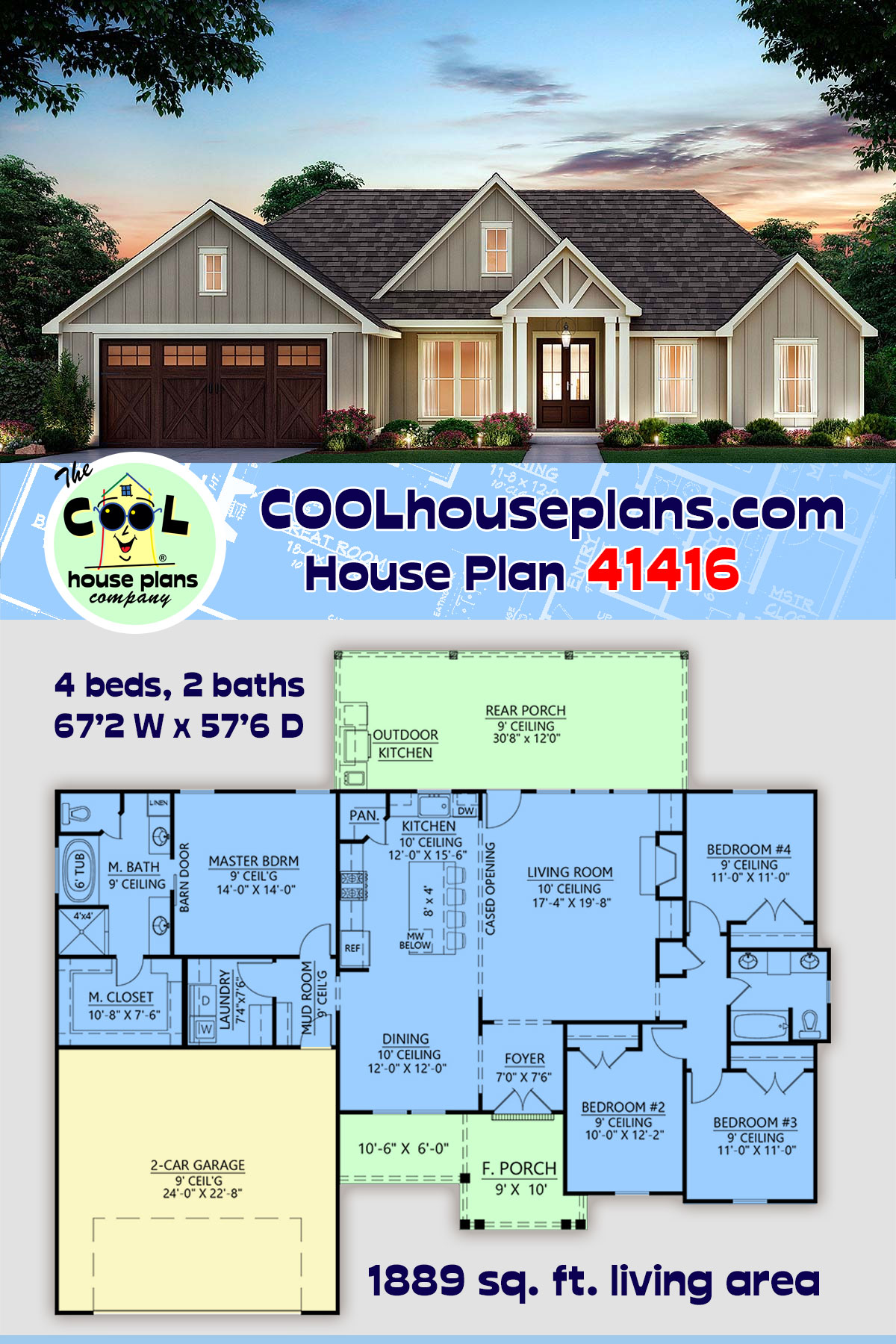 Craftsman, Farmhouse House Plan 41416 with 4 Beds, 2 Baths, 2 Car Garage