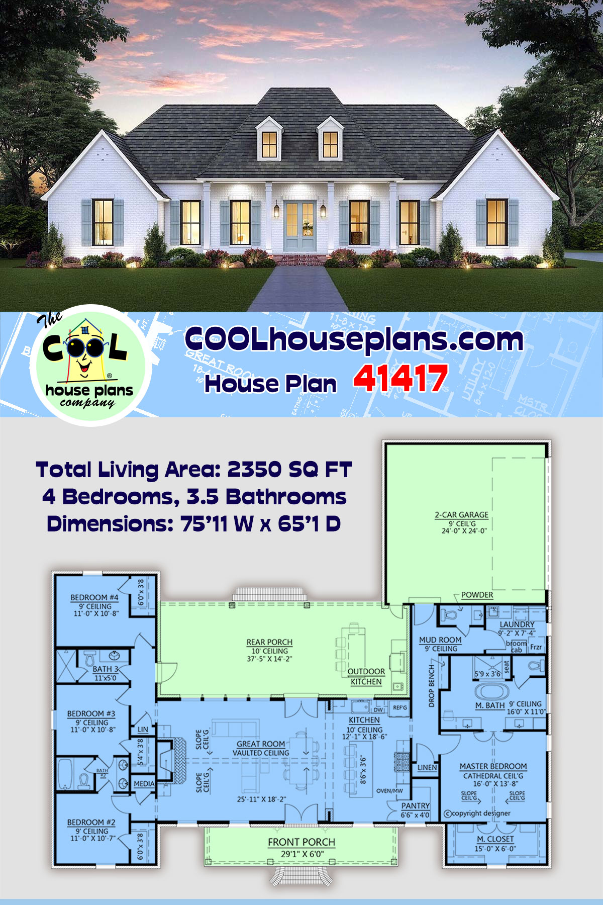 Acadian, Colonial, Country, Southern House Plan 41417 with 4 Beds, 4 Baths, 2 Car Garage