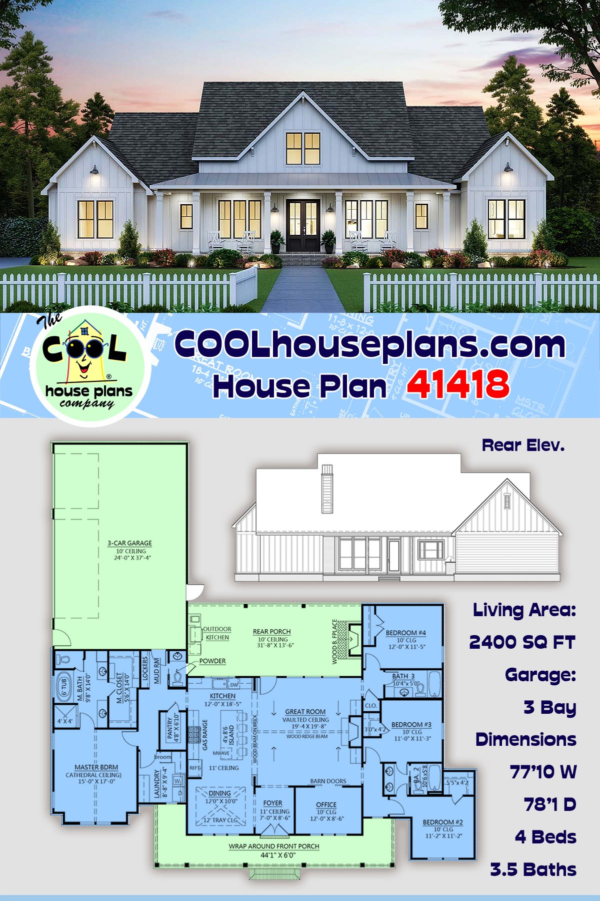 Country, Farmhouse House Plan 41418 with 4 Beds, 4 Baths, 3 Car Garage