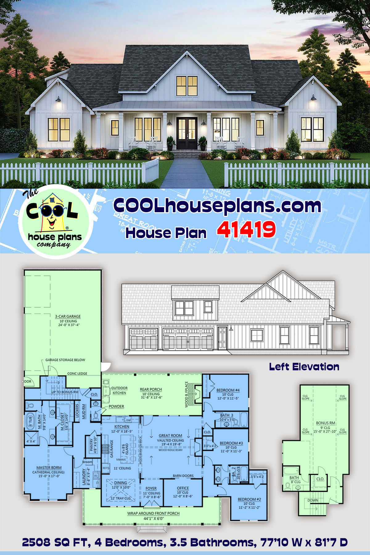 Country, Farmhouse House Plan 41419 with 4 Beds, 4 Baths, 3 Car Garage