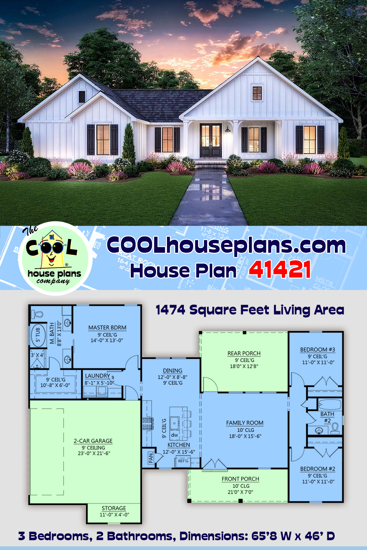 Country, Farmhouse House Plan 41421 with 3 Beds, 2 Baths, 2 Car Garage