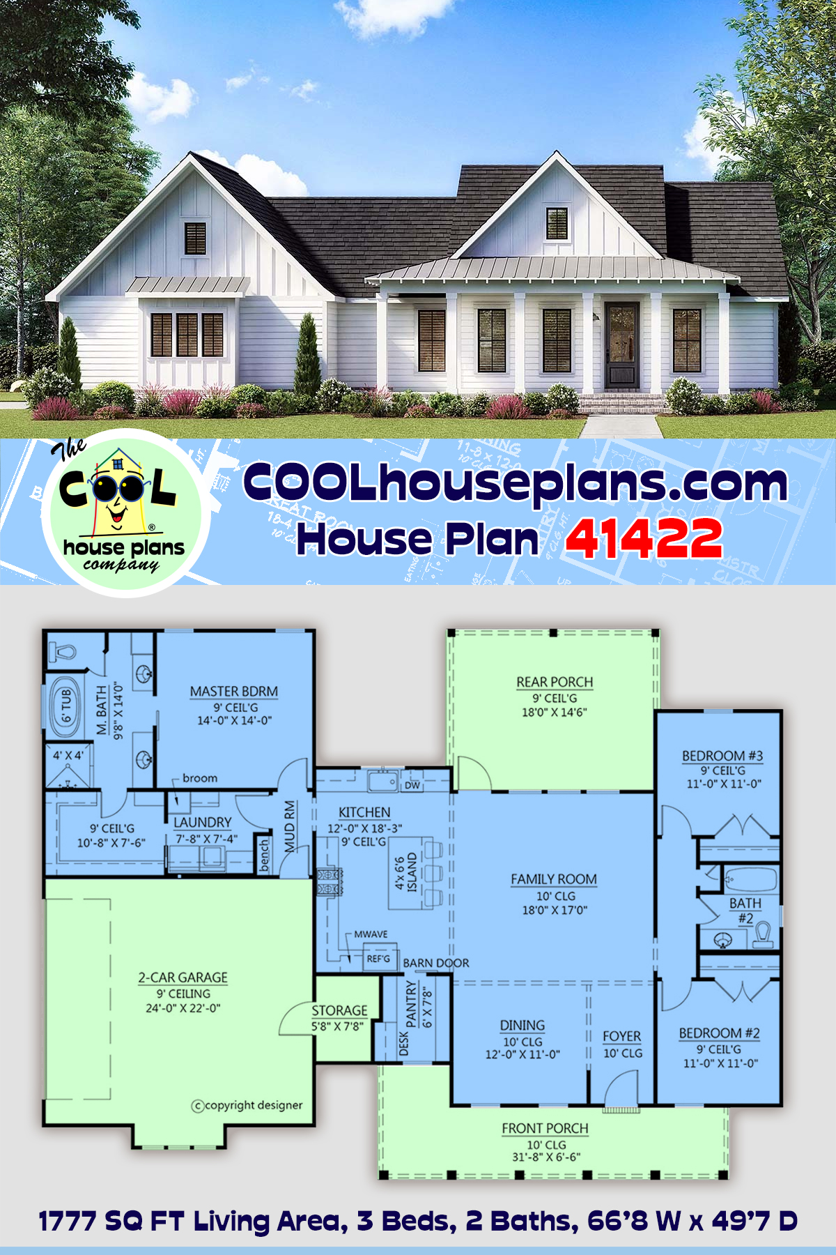 Country, Farmhouse, New American, Southern House Plan 41422 with 3 Beds, 2 Baths, 2 Car Garage