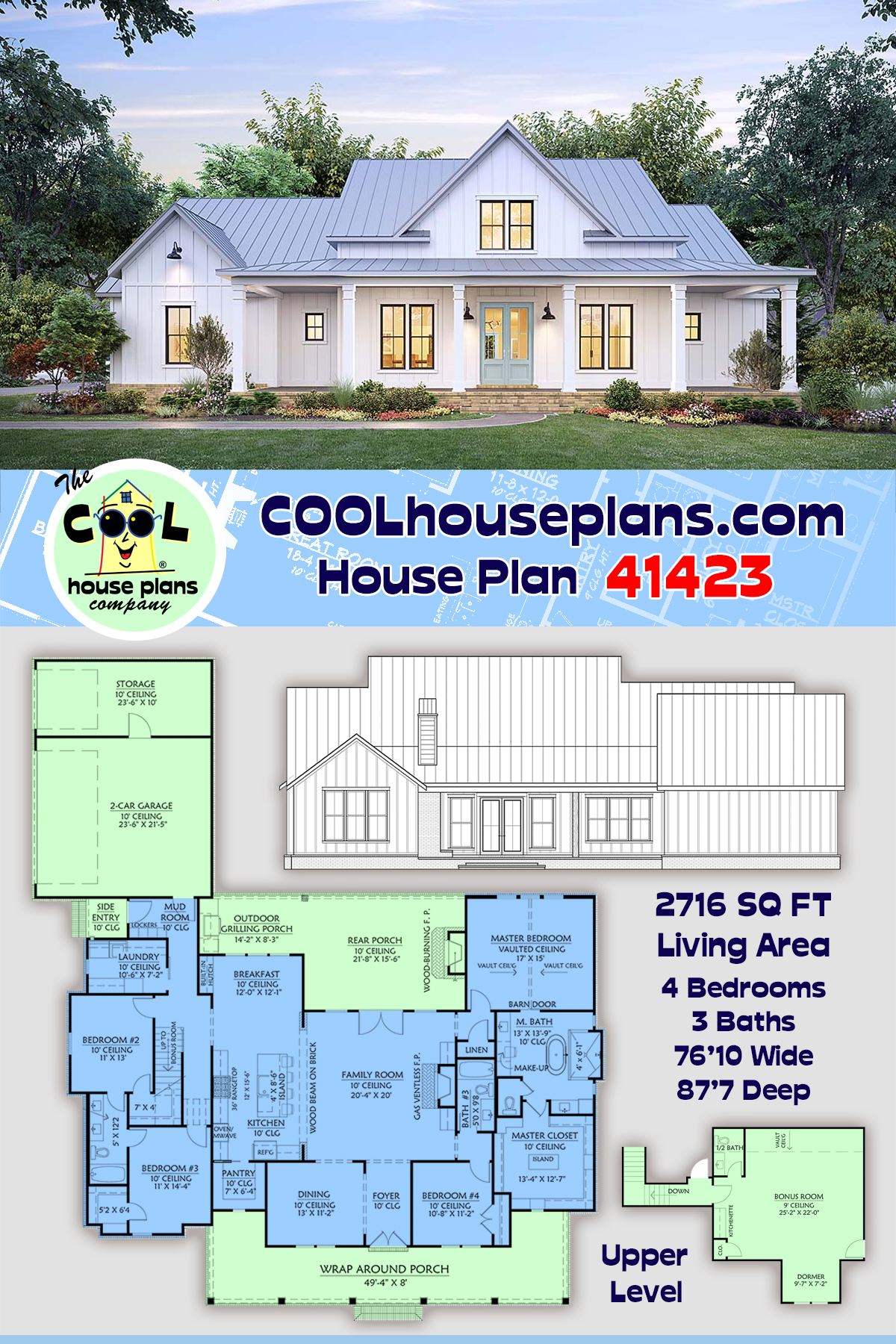 Country, Farmhouse, New American House Plan 41423 with 4 Beds, 3 Baths, 2 Car Garage