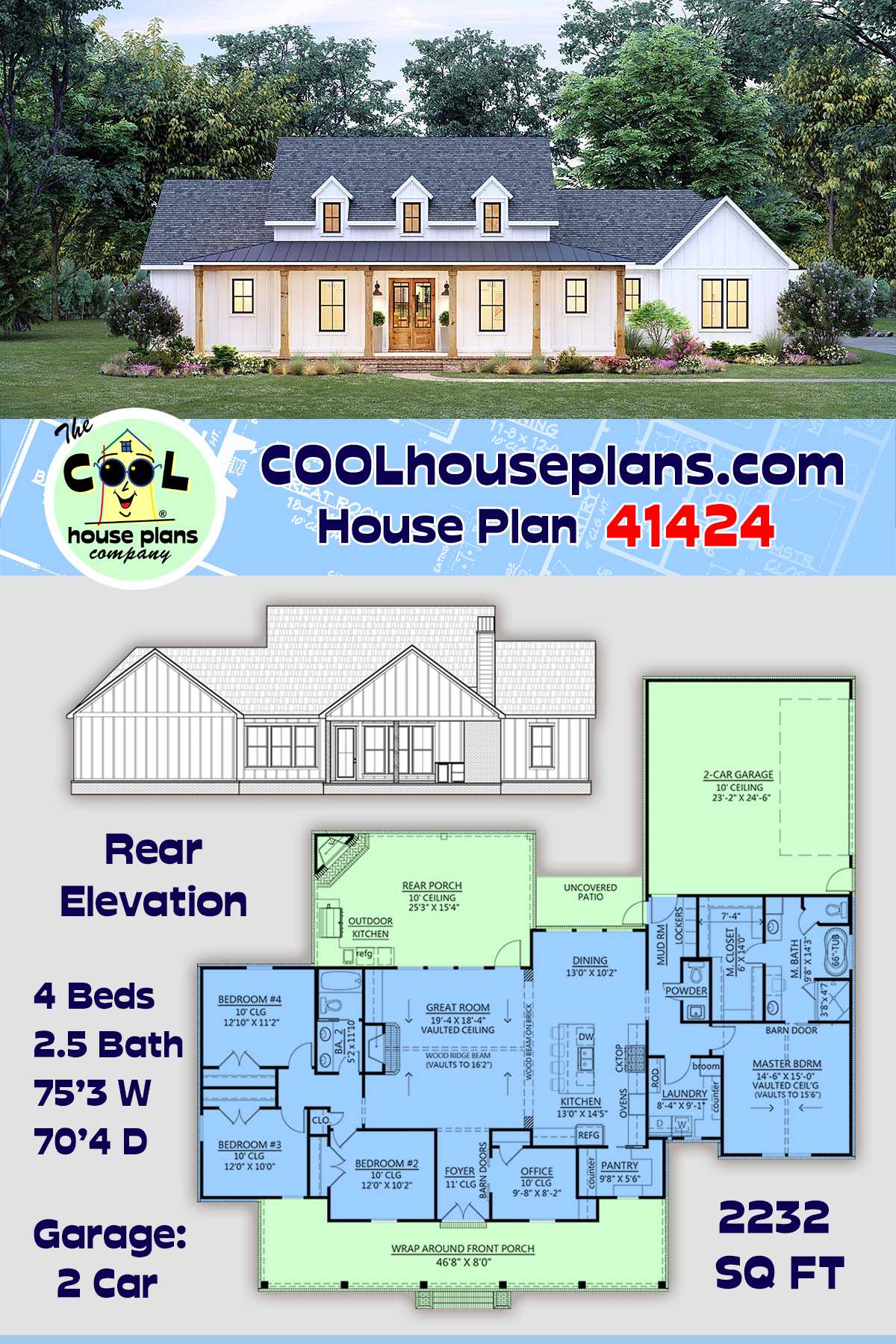 Country, Farmhouse, Southern House Plan 41424 with 4 Beds, 3 Baths, 2 Car Garage