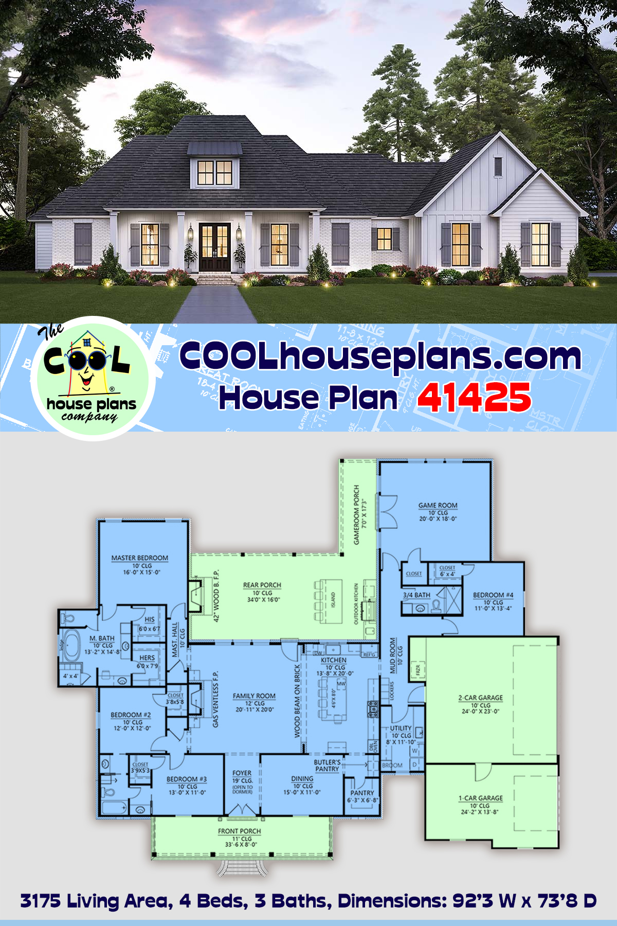French Country House Plan 41425 with 4 Beds, 3 Baths, 3 Car Garage
